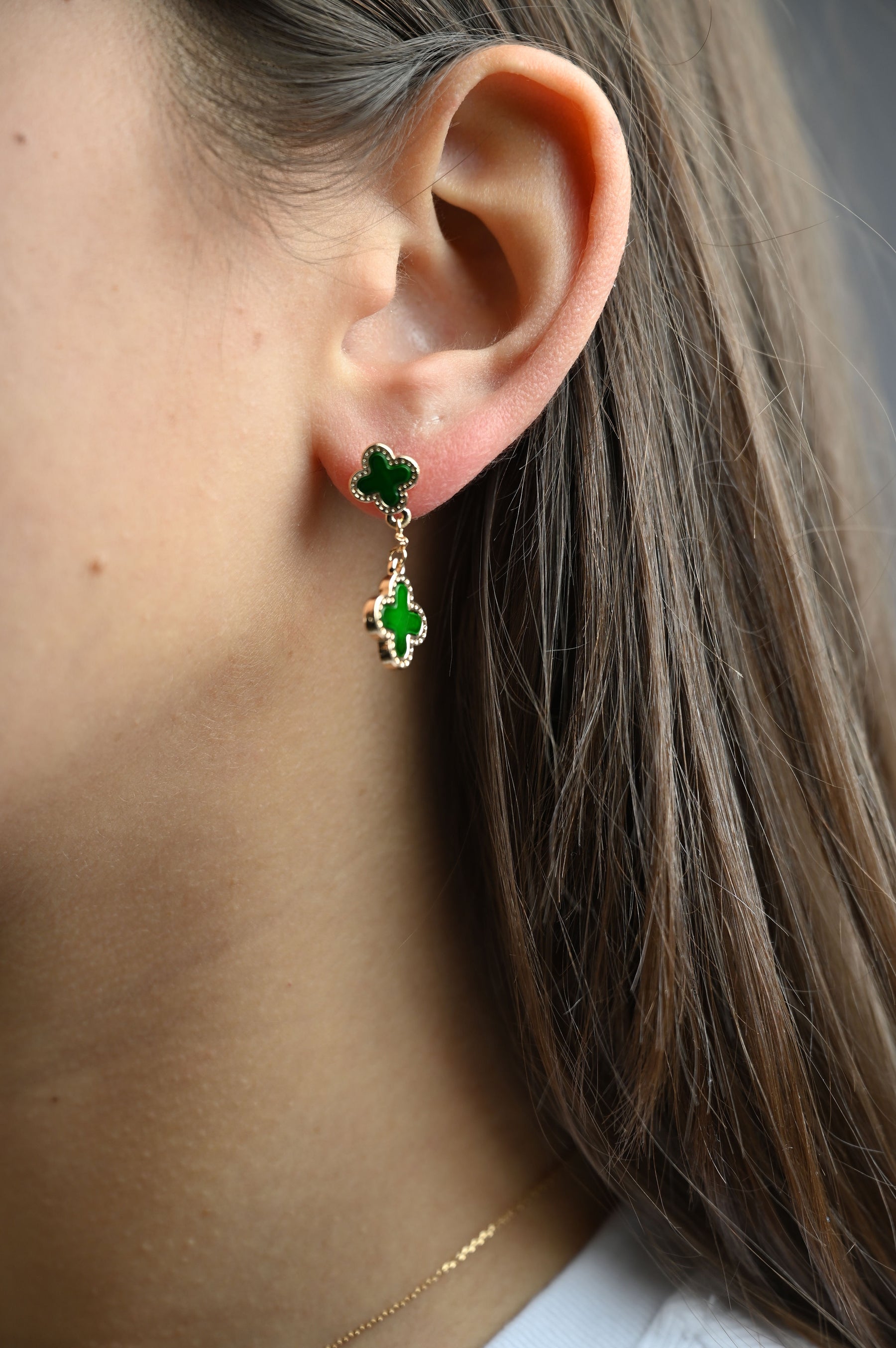 Double Clover Drop Earrings- Green
