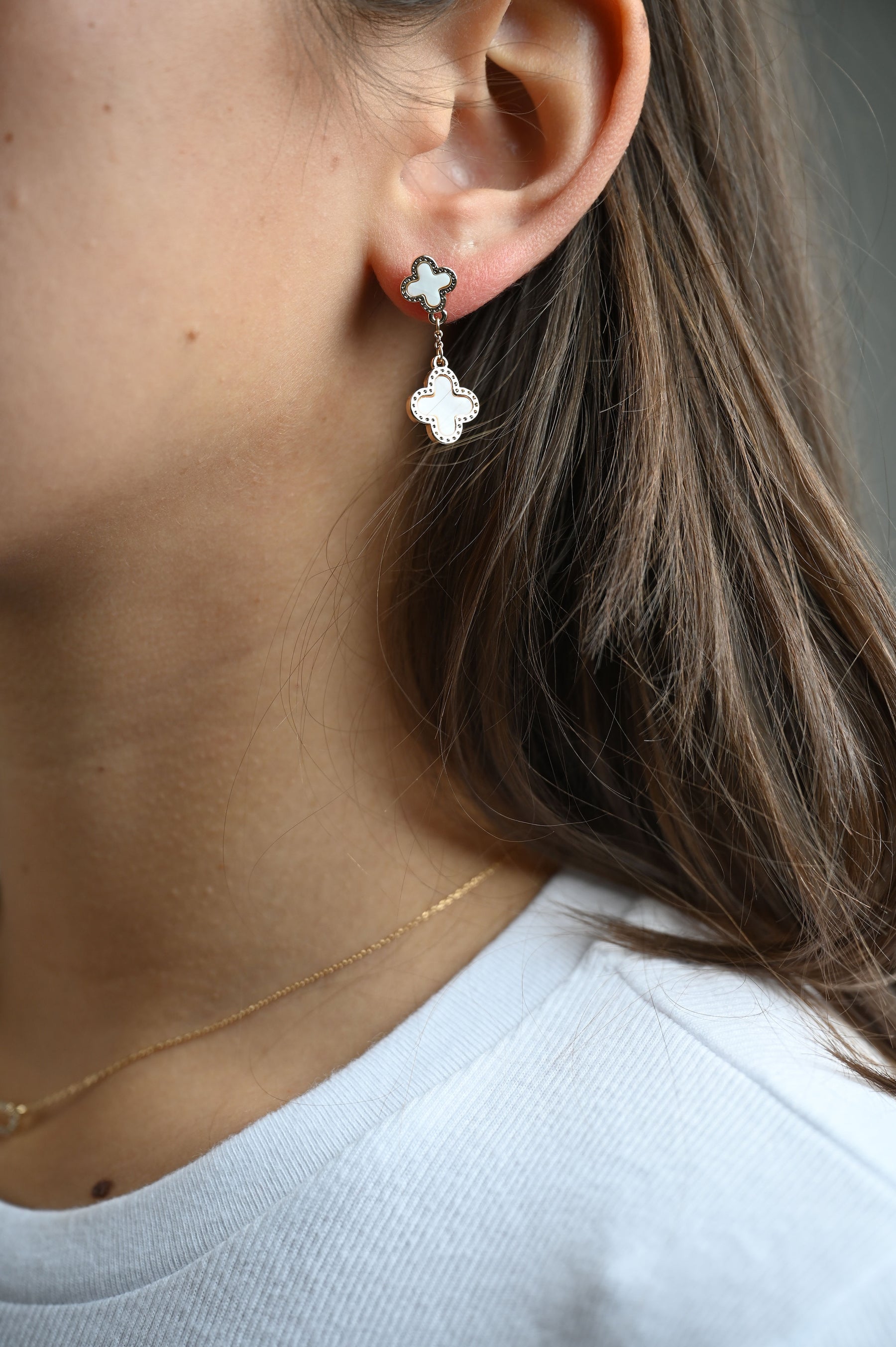 Double Clover Drop Earrings- Silver