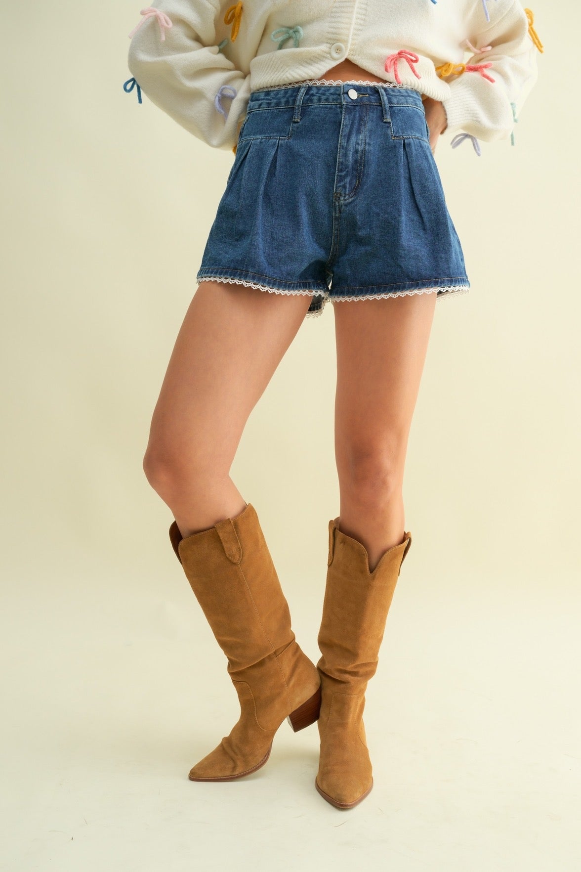 Lace Trim Pleated Denim Shorts