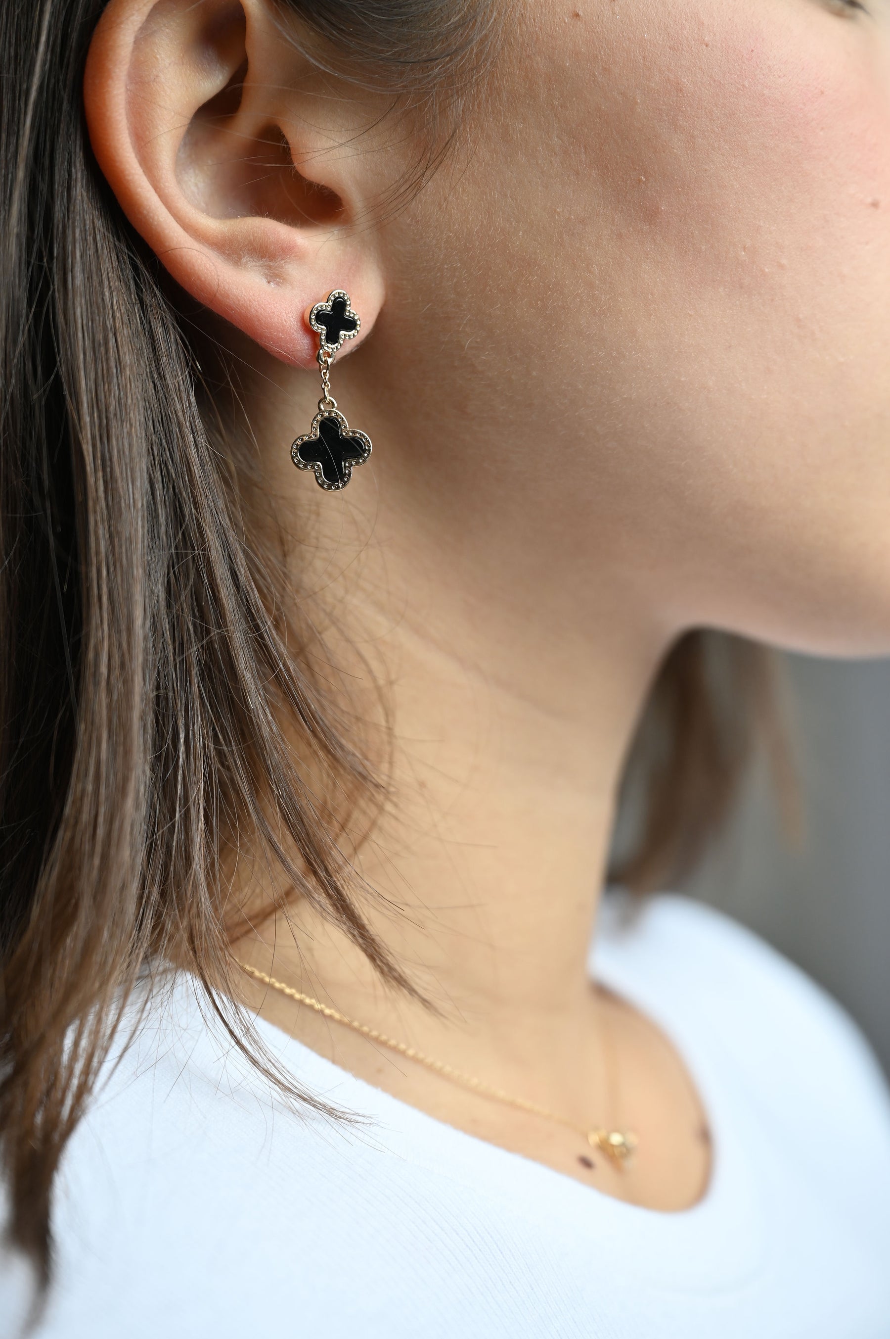 Double Clover Drop Earrings- Black