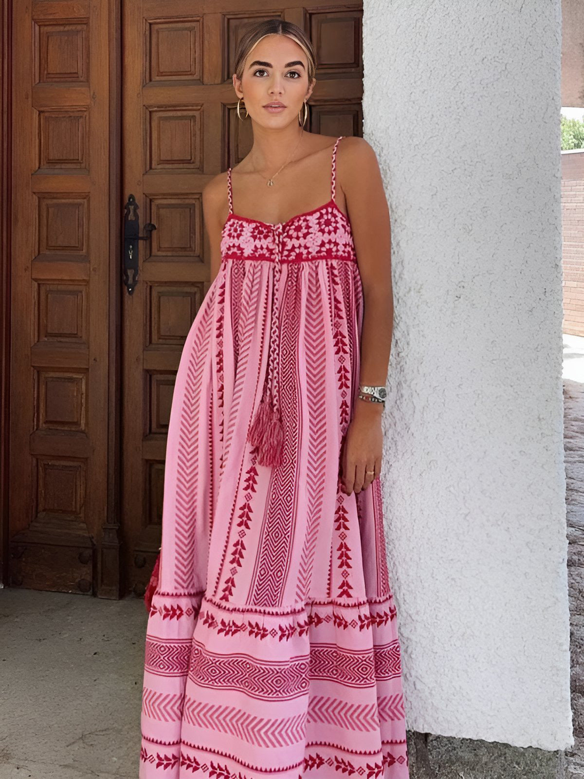 Ethnic Style Crochet Patchwork Knitted Slip Maxi Dress
