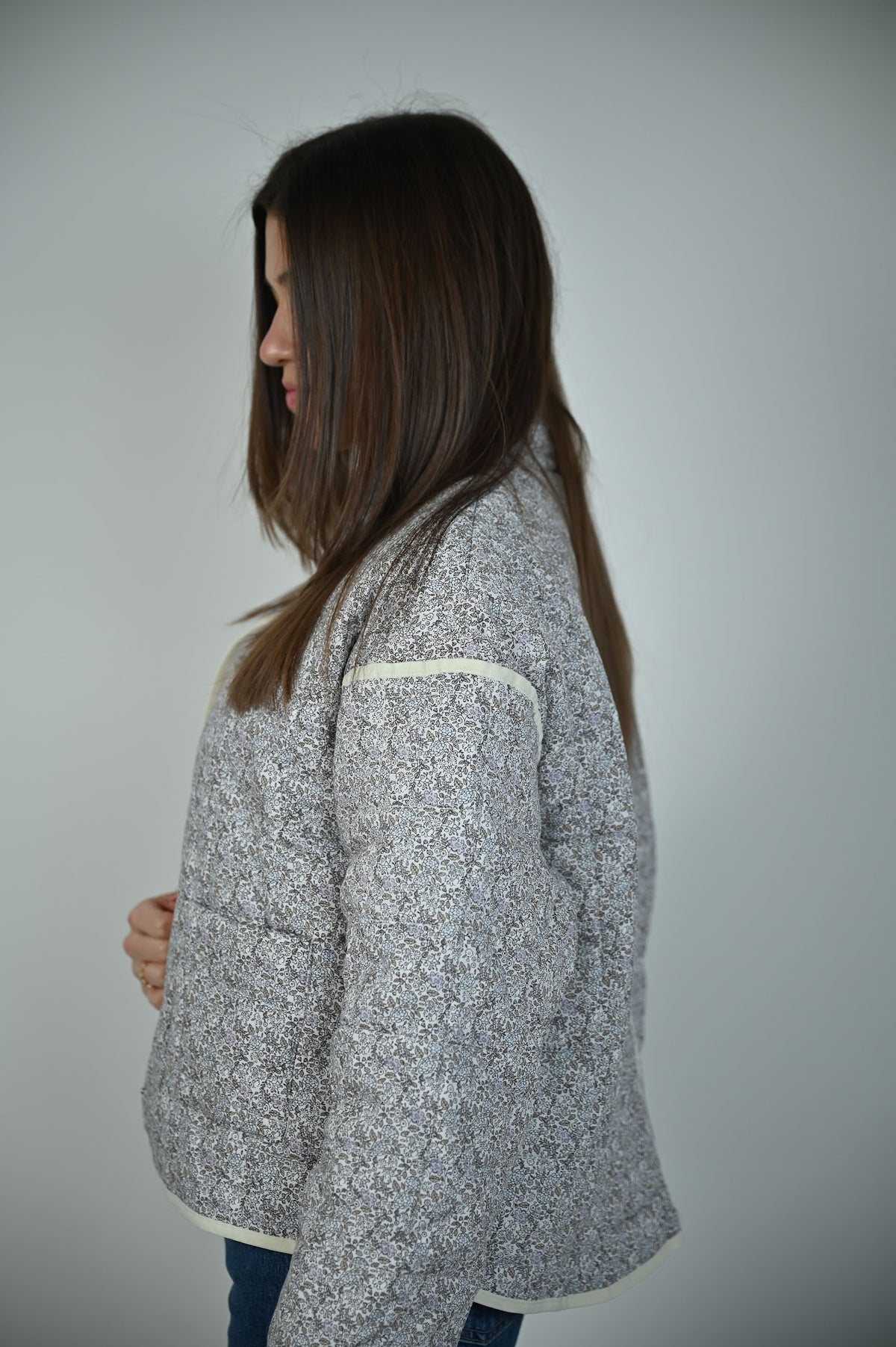 Gray Quilted Jacket — trendy outerwear, front view