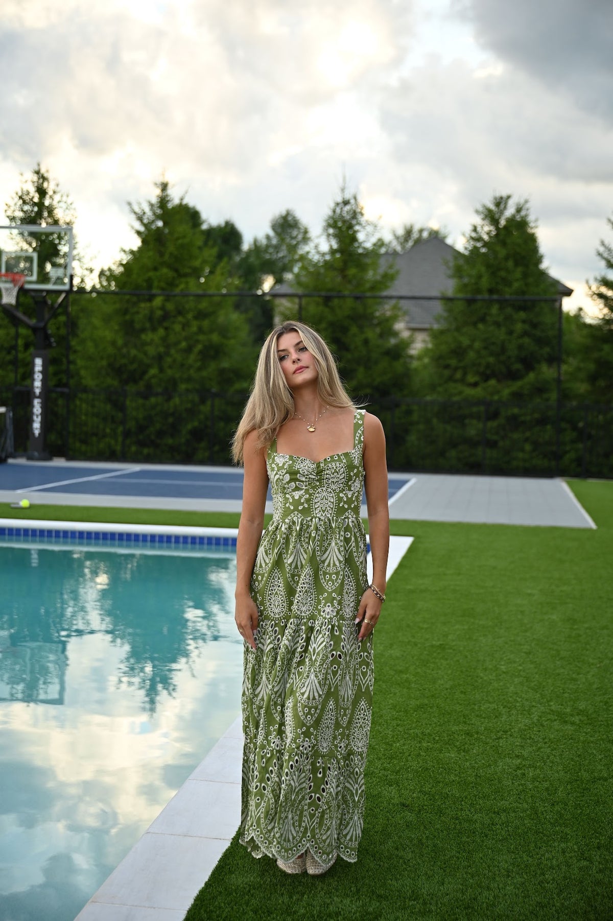 Olive Paisley Dress — trendy mini dress, front view
