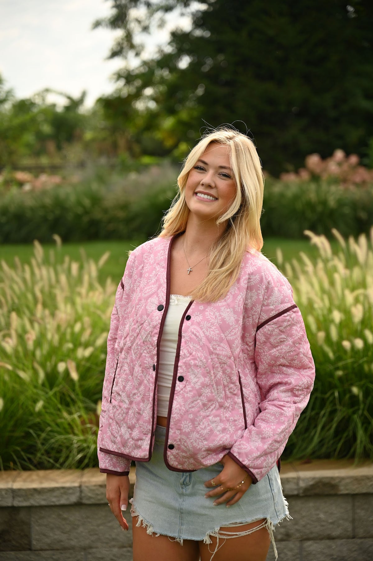 Pink paisley-print quilted jacket with padded warmth and boho style