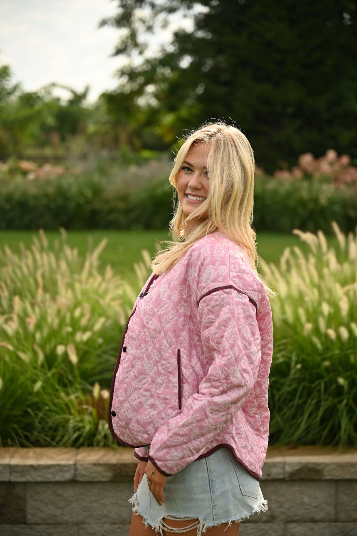 Pink Paisley Quilted Jacket - side angle