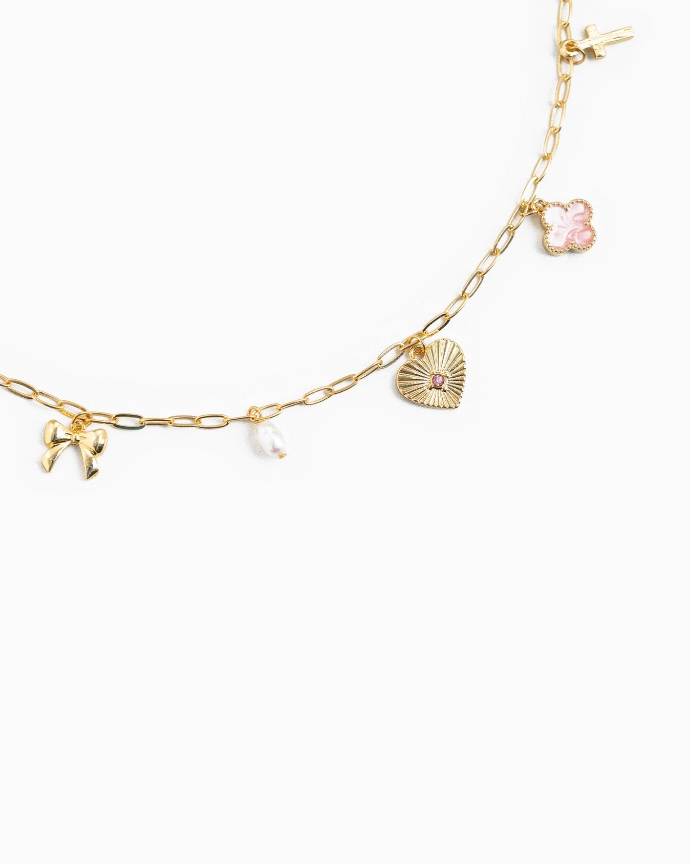 Sunburst Heart Charm Necklace- Pink