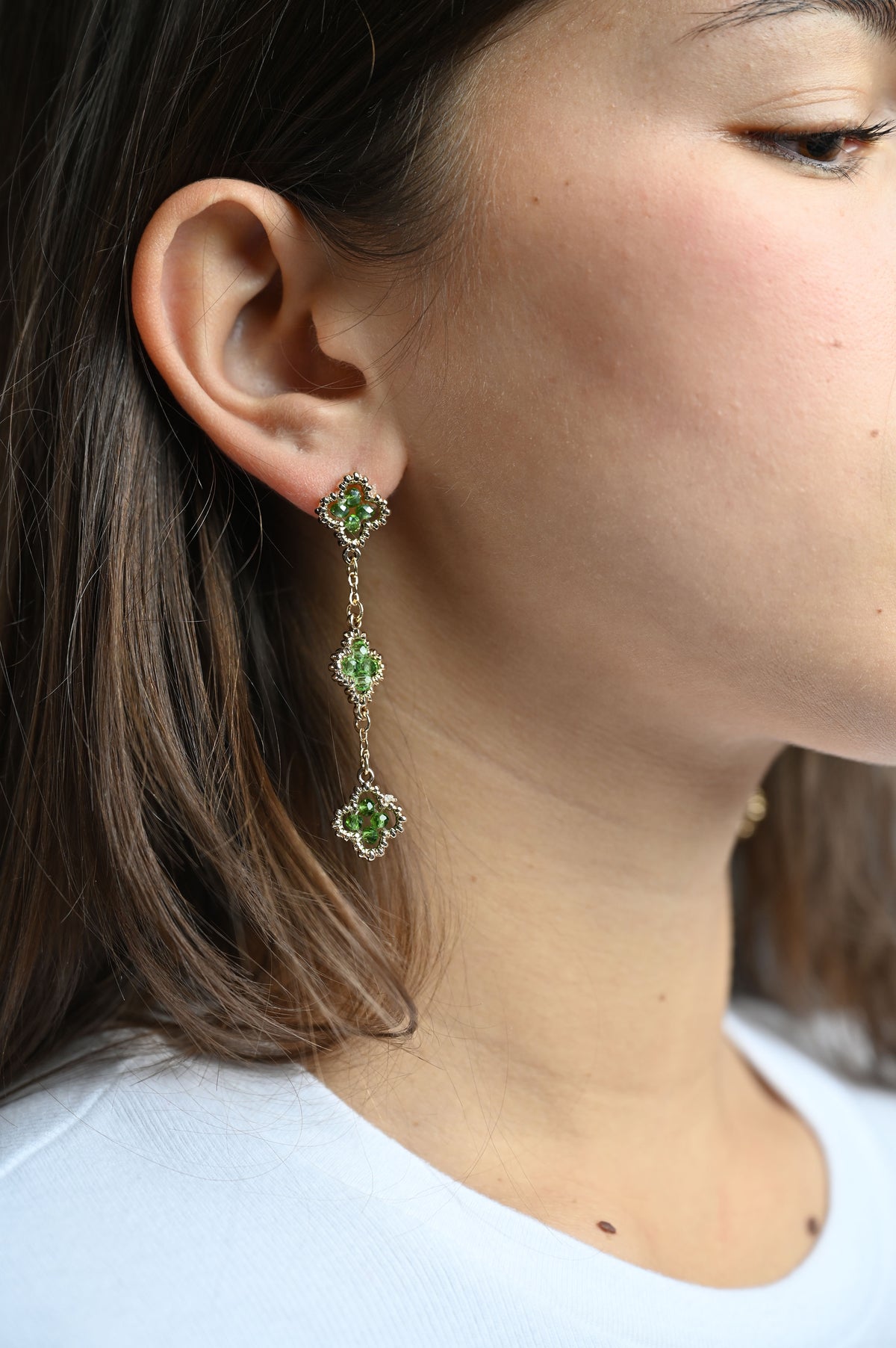 Multi-Bead Clover Drop Earrings - Green