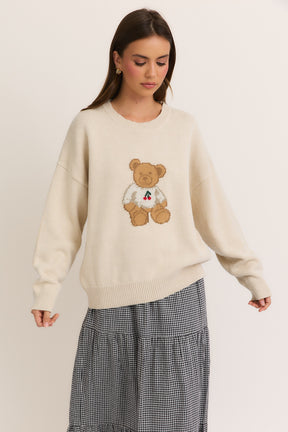 Cherry Bear Sweater- Tan