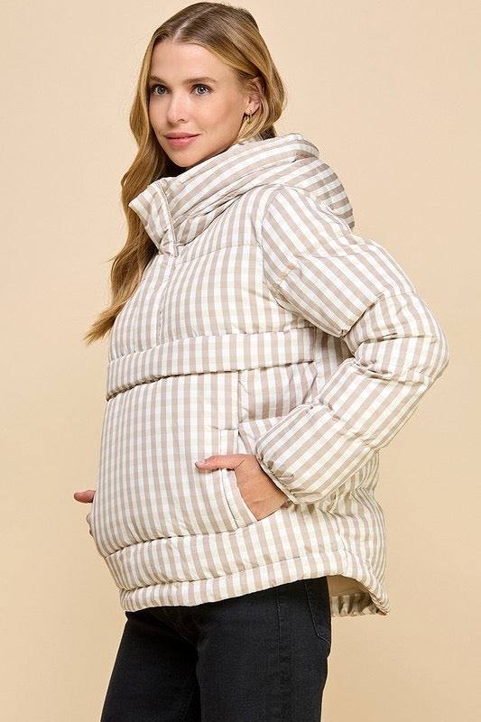 Gingham Puffer Jacket- Tan