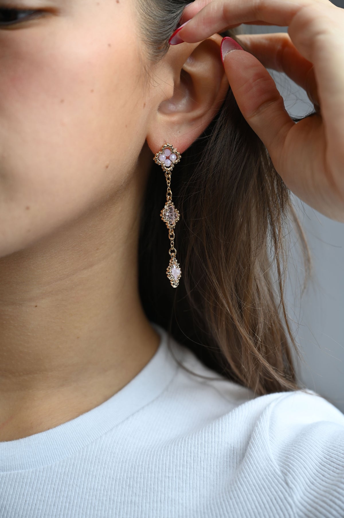 Multi-Bead Clover Drop Earrings - Pink