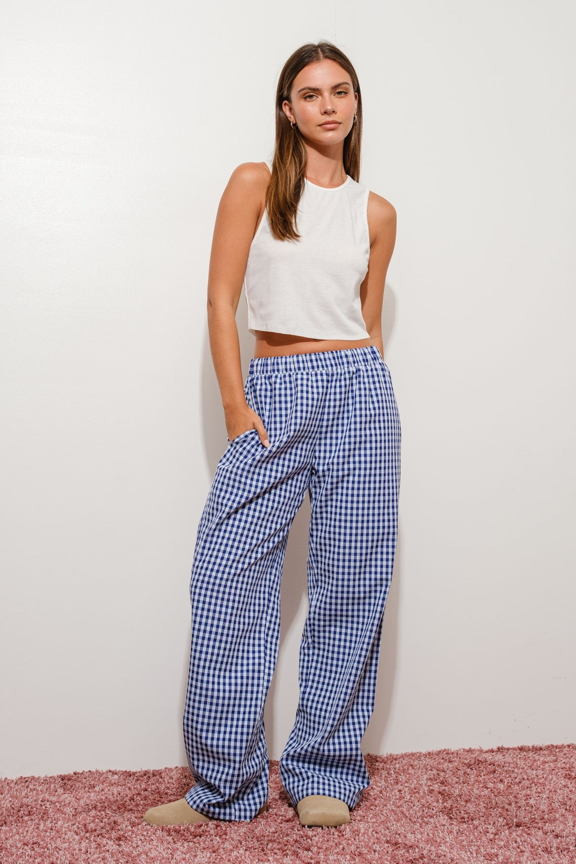 Gingham Relaxed Pants- Dark Blue