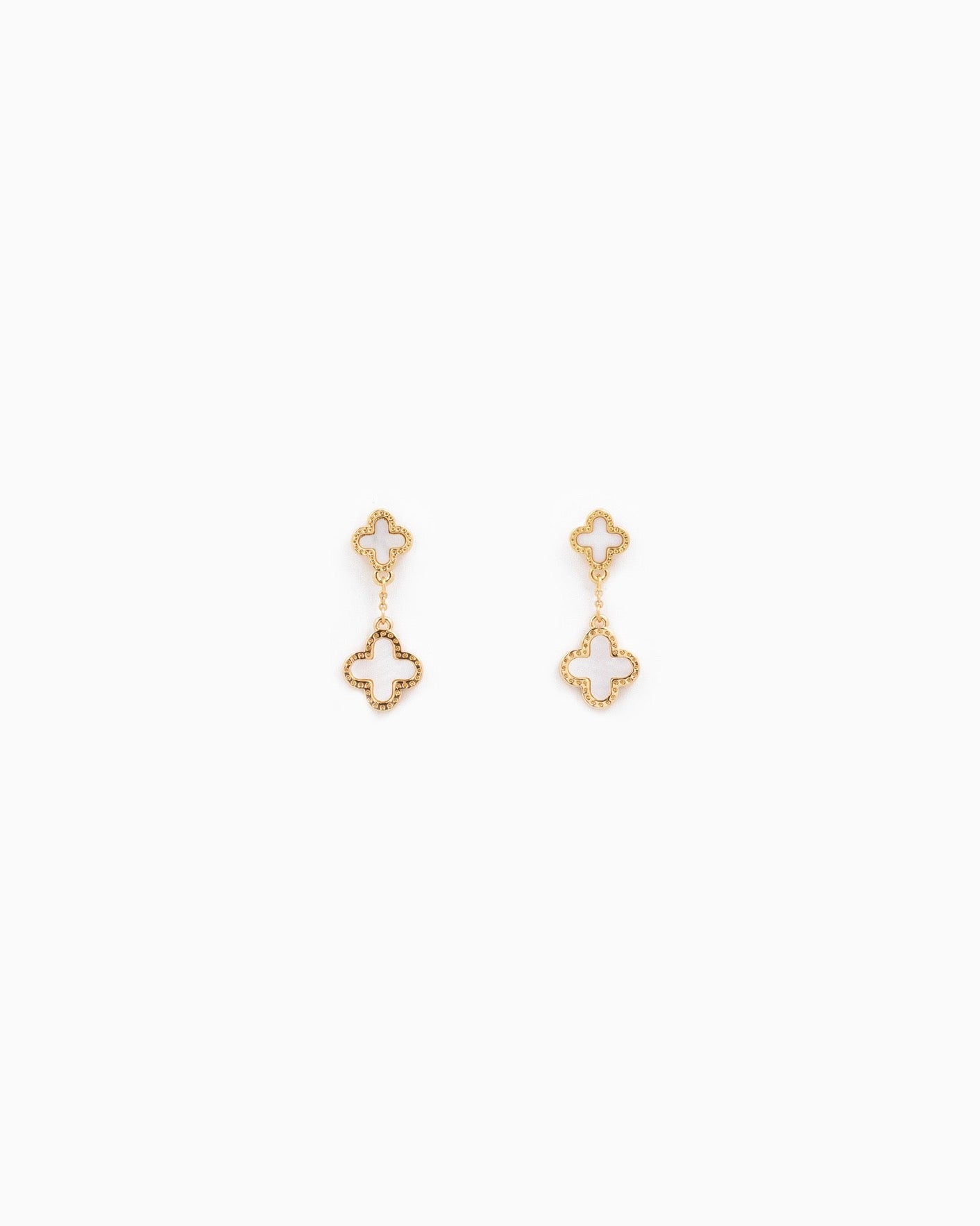 Double Clover Drop Earrings- White