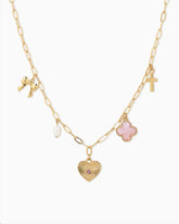 Sunburst Heart Charm Necklace- Pink