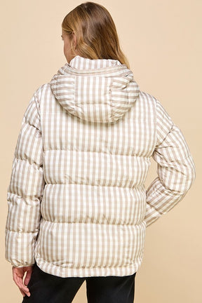 Gingham Puffer Jacket- Tan