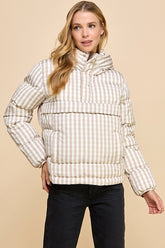 Gingham Puffer Jacket- Tan