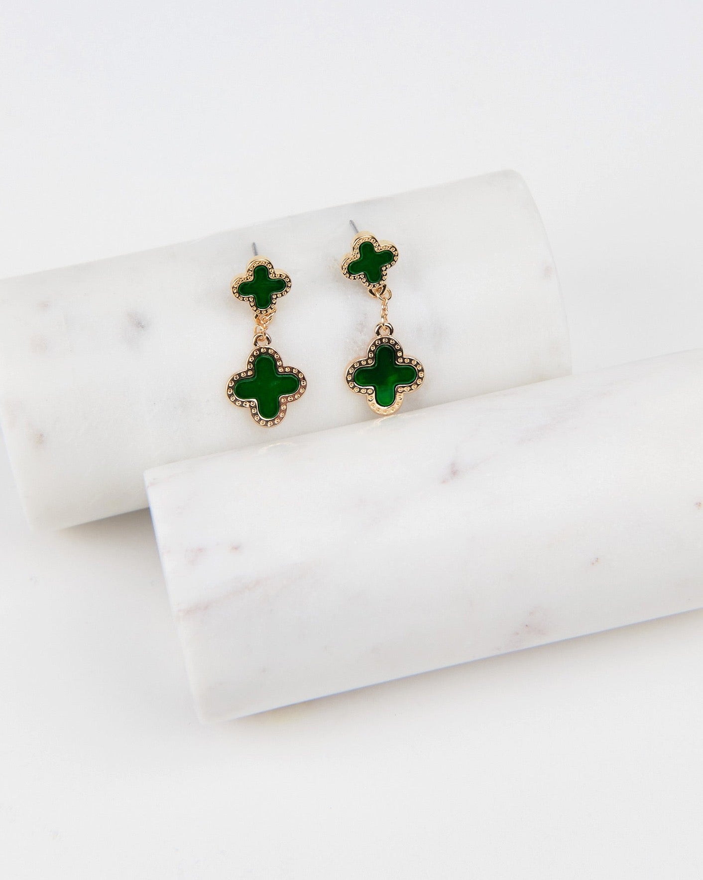 Double Clover Drop Earrings- Green