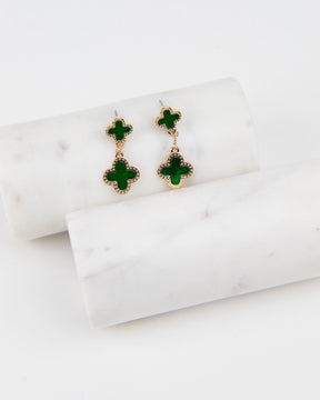 Double Clover Drop Earrings- Green