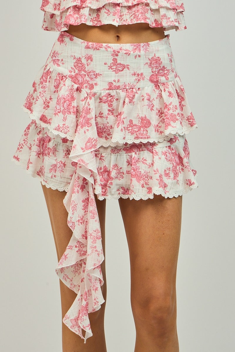 Floral Lace Trim Skirt- Pink