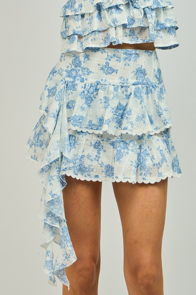 Floral Lace Trim Skirt- Blue