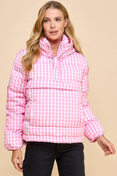 Gingham Puffer Jacket- Pink