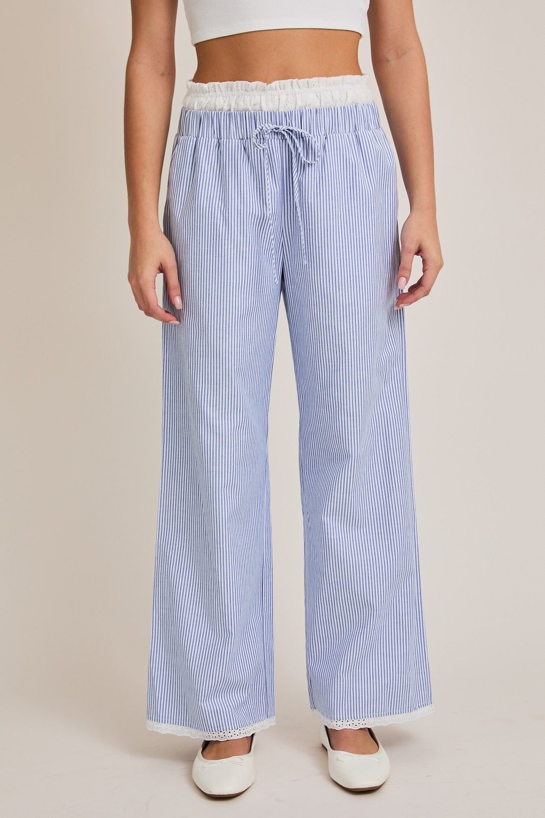 Contrast Waist Long Pants - Blue