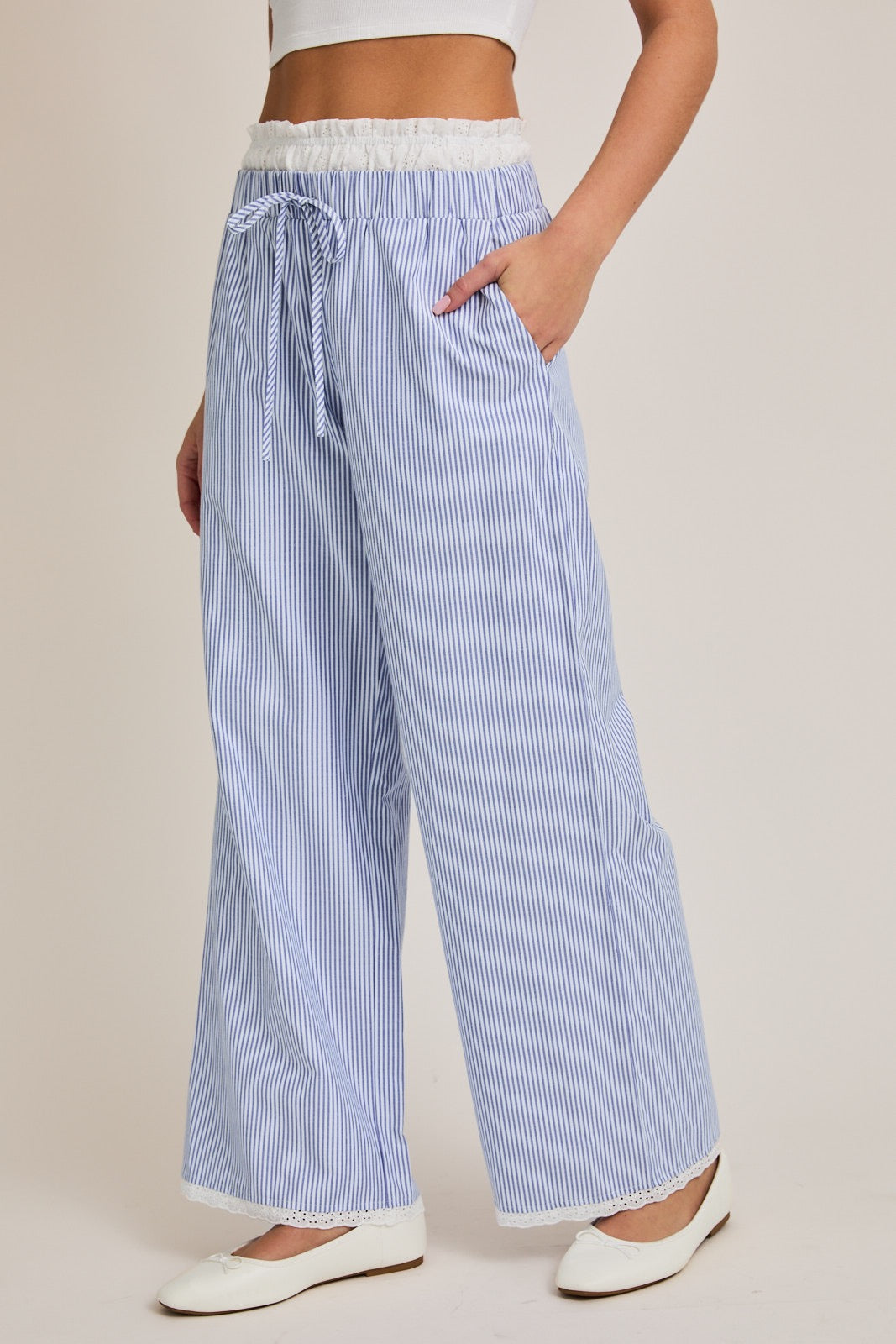 Contrast Waist Long Pants - Blue