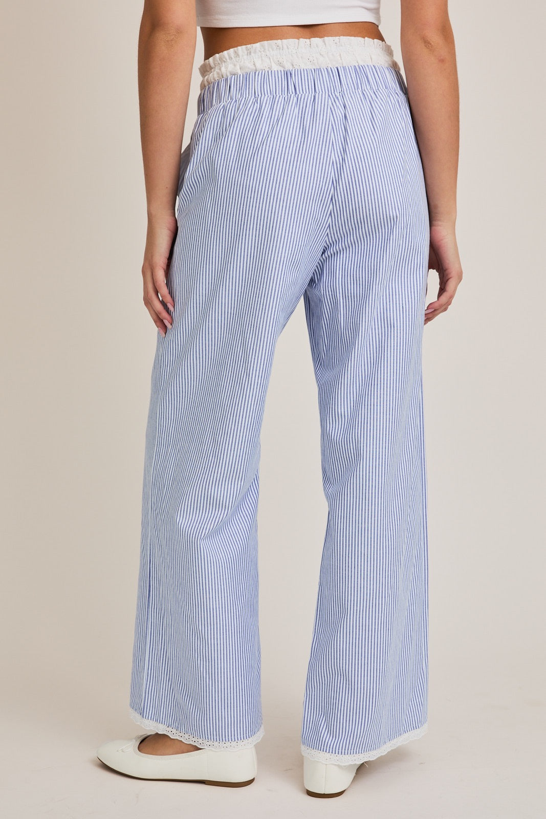 Contrast Waist Long Pants - Blue