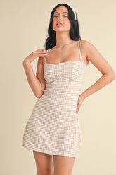 Sweetheart Dress- Beige Gingham