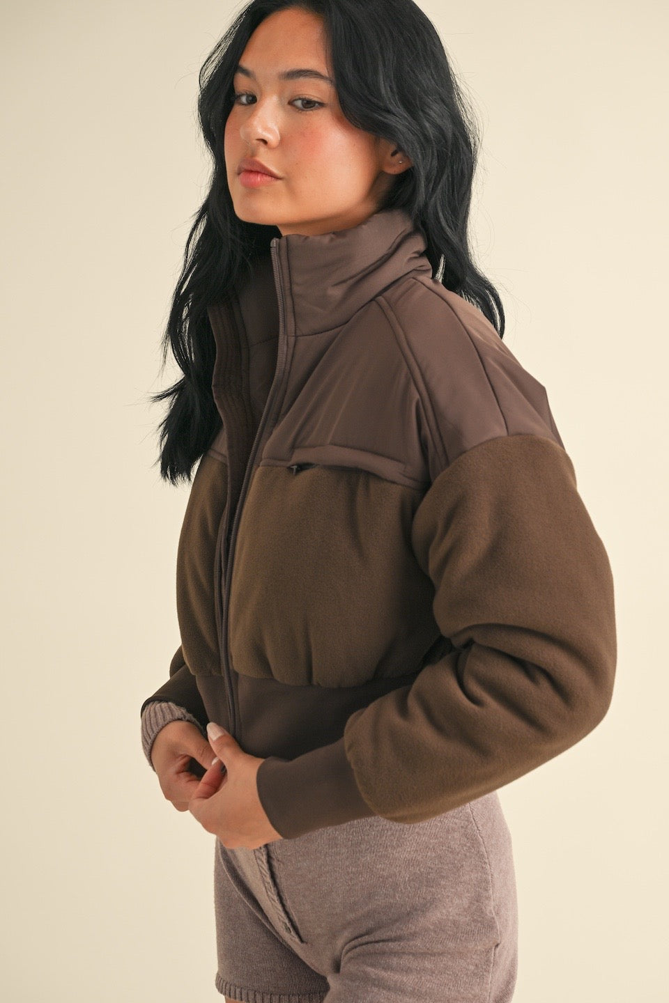 Fleece Crop Jacket- Brown