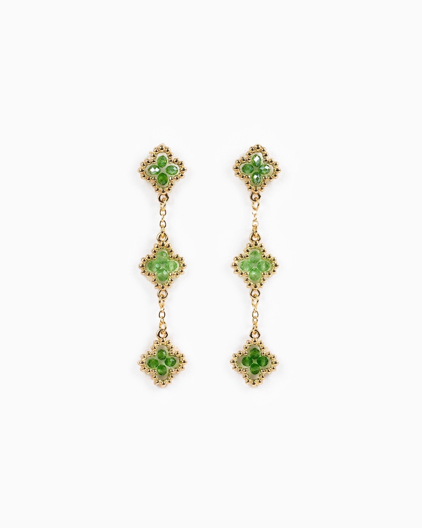 Multi-Bead Clover Drop Earrings - Green