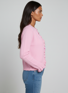 Pink Scallop Cardigan — trendy knit top, front view
