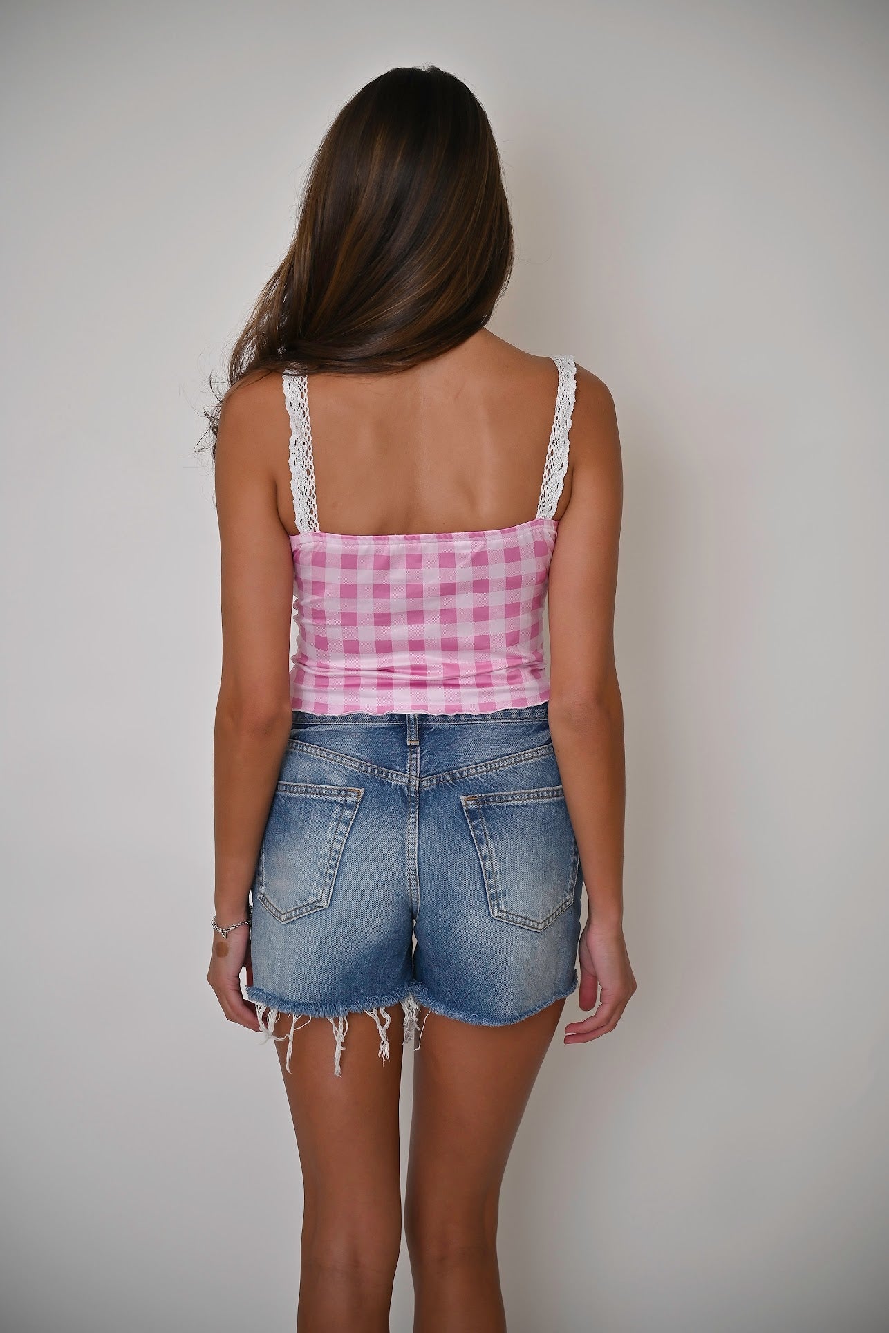 Lace Gingham Top - Pink